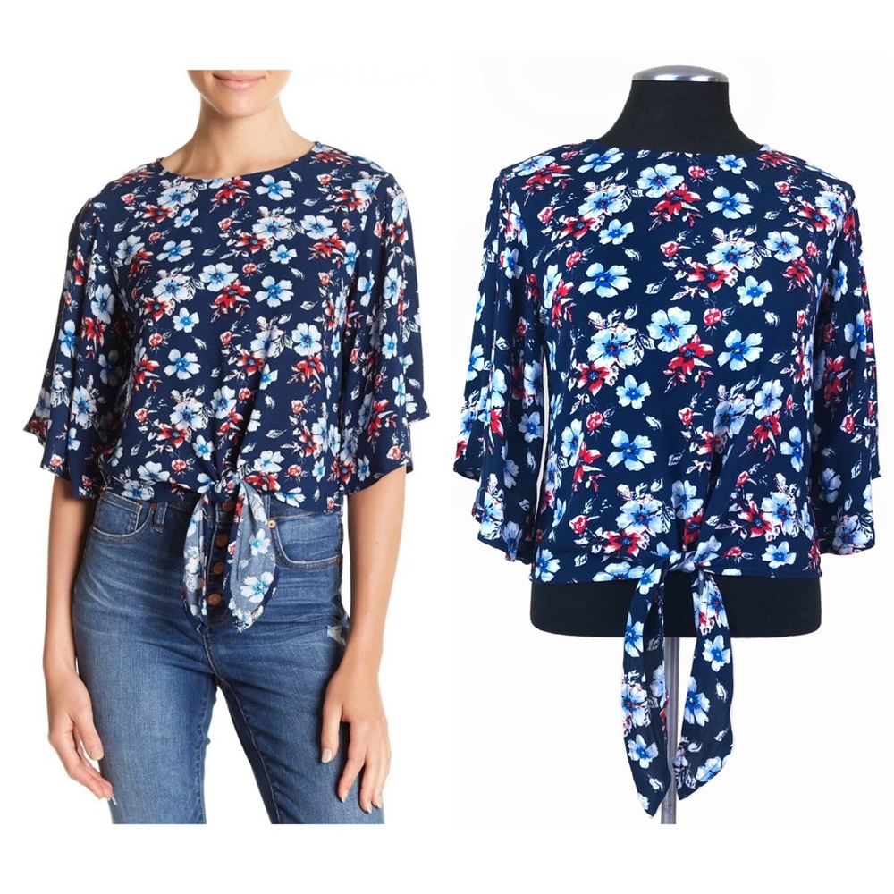 Elodie - Blue Floral Tie Front Cropped Blouse - Nordstrom - Small - NWT